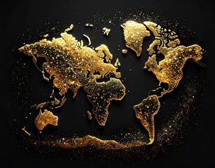 Glittering world map on black background, shimmering continents formed from gold dust, evokes luxury and exploration