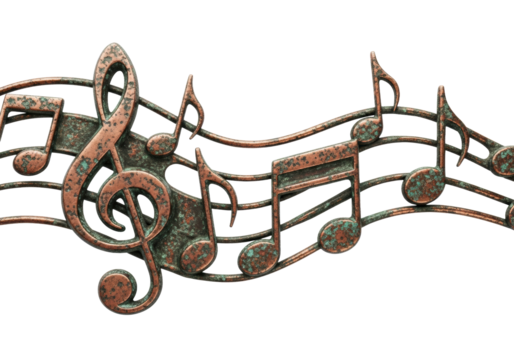 Oxidized copper quavers and treble clef displaying heavy grunge texture and verdigris patina, isolated on a brilliant white background with copy space. Concept of creative composition