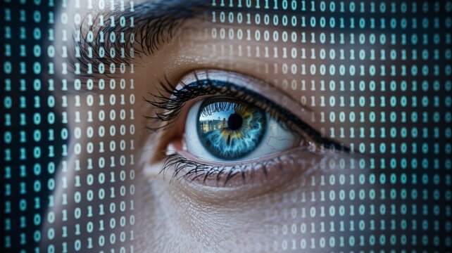 Cybersecurity expert's eye with binary code overlay for innovative tech