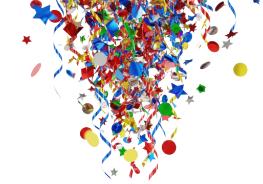 dynamic shower of highly reflective metallic foil confetti and curling streamers in primary colors (red, blue, yellow, green), macro detail suspended on a pure white background, high-key studio