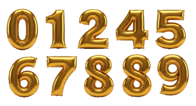 hyper-realistic 3d rendering of numbers 0-9 as perfectly inflated, reflective 24k gold foil balloons, isolated on pure white background with strong rim lighting. concept for luxury advertisement