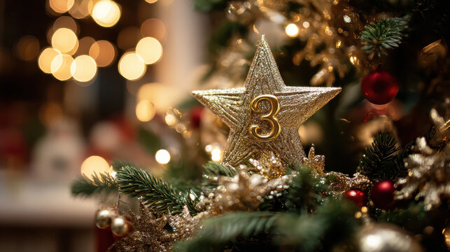 Golden number 3 star on a Christmas tree with festive lights for holiday countdown for the twelve days of christmas