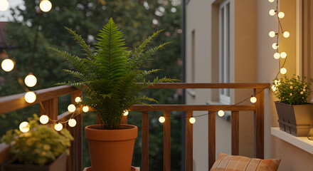 Cozy balcony decorated with warm string lights and potted plants, creating a relaxing outdoor space for evening enjoyment and urban living