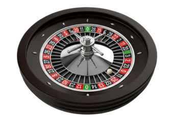 hyperrealistic studio shot of a luxurious european roulette wheel (single zero), silver and deep ebony wood, ivory ball, sharp focus on a stark white background. concept of luxury and chance