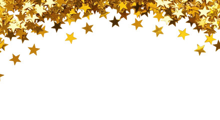 thousands of reflective gold metallic foil star confetti pieces dynamically scattered and in mid-fall, isolated on a seamless pure white background with substantial copy space, concept for high-end