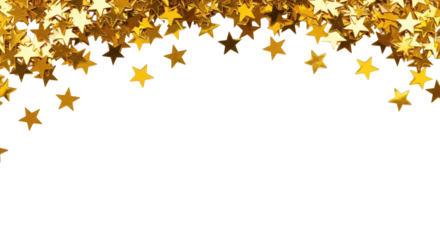thousands of reflective gold metallic foil star confetti pieces dynamically scattered and in mid-fall, isolated on a seamless pure white background with substantial copy space, concept for high-end