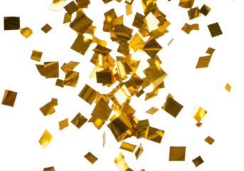thousands of metallic gold foil square confetti pieces falling against a clean white backdrop with sharp highlights and bokeh effect, perfect for copy space. concept of luxurious celebration