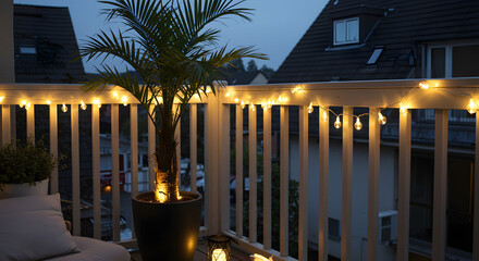 A cozy balcony at dusk, adorned with warm string lights illuminating the railing and a potted palm tree, creating a relaxing outdoor evening atmosphere