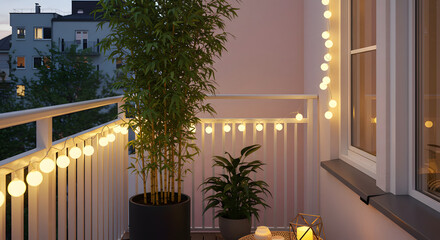 A cozy evening balcony scene featuring warm string lights, lush potted plants, and a tranquil atmosphere perfect for urban relaxation and unwinding