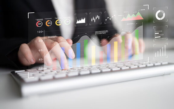 A business data analysis and performance monitoring dashboard. A collection of charts and graphs for strategic review and company evaluation. Motif
