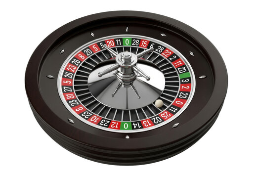hyperrealistic studio shot of a luxurious european roulette wheel (single zero), silver and deep ebony wood, ivory ball, sharp focus on a stark white background. concept of luxury and chance
