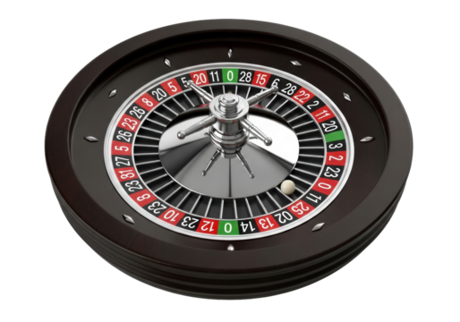 hyperrealistic studio shot of a luxurious european roulette wheel (single zero), silver and deep ebony wood, ivory ball, sharp focus on a stark white background. concept of luxury and chance