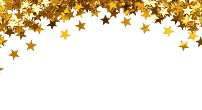 thousands of reflective gold metallic foil star confetti pieces dynamically scattered and in mid-fall, isolated on a seamless pure white background with substantial copy space, concept for high-end