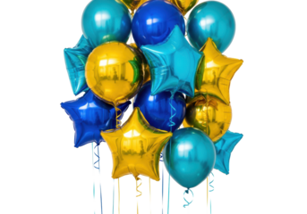 a cluster of reflective metallic foil helium balloons (gold, royal blue, turquoise, star and round shapes) suspended against a seamless white studio backdrop with copy space, festive commercial