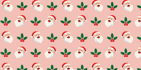 Playful seamless pattern with cute cartoon Santa Claus faces and green holly with red berries on a pink background, ideal for Christmas wrapping paper, festive textiles, greeting cards