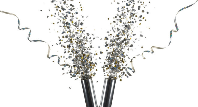 Two highly polished silver metallic party poppers exploding, scattering ultra-reflective holographic confetti and iridescent streamers on a clean white backdrop. Concept of explosive commercial