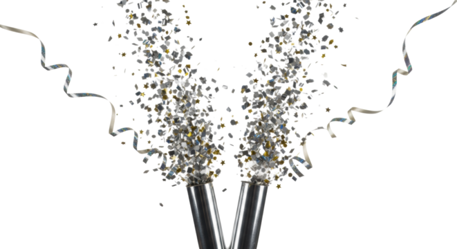 Two highly polished silver metallic party poppers exploding, scattering ultra-reflective holographic confetti and iridescent streamers on a clean white backdrop. Concept of explosive commercial