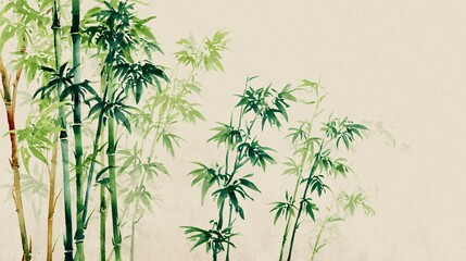 Naklejka premium Bamboo plants with thin green leaves on beige natural background