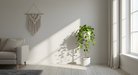 Bright minimalist living room interior with a cozy white sofa, a stylish macrame wall hanging, and a lush potted plant, illuminated by natural sunlight