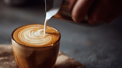 Close-up of Barista Pouring Latte Art in Coffee Cup with Soft Lighting