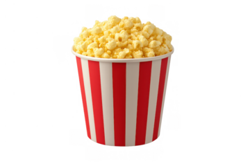 Popcorn, a popular snack for enjoying movies and shows, fills a classic striped bucket. Transparent background