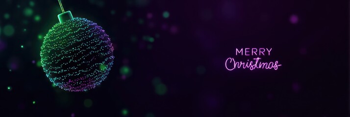 Glowing Christmas ornament and neon Merry Christmas text on dark background