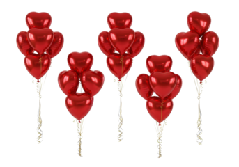 Five floating bunches of luxurious ruby-red chrome heart balloons and curling gold/silver satin ribbons against a seamless white backdrop, emphasizing copy space, perfect romantic celebration concept
