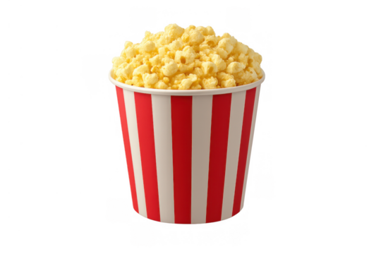 Popcorn, a popular snack for enjoying movies and shows, fills a classic striped bucket. Transparent background