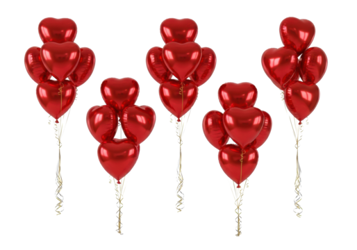 Five floating bunches of luxurious ruby-red chrome heart balloons and curling gold/silver satin ribbons against a seamless white backdrop, emphasizing copy space, perfect romantic celebration concept