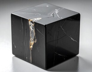 Glossy black cube with marbled streaks of white, gold, and thin cracks on a light surface