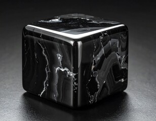 Glossy black cube with white marbling sits against a dark backdrop, casting subtle reflections