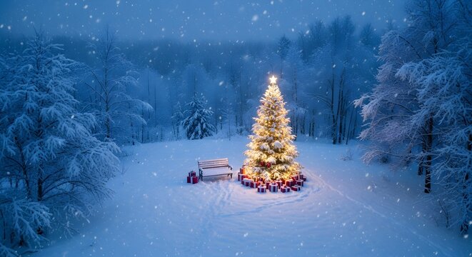 Christmas tree glows in a snowy forest winter wonderland scene holiday celebration background
