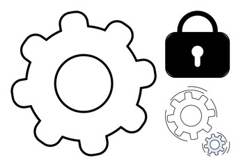 Large gear with smaller gears and lock symbolizing security, collaboration, workflow, problem-solving, and teamwork. Ideal for technology, business, cybersecurity, innovation or infrastructure