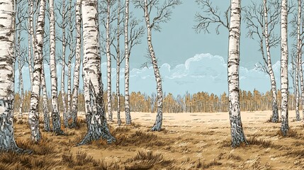 Obraz premium Serene Autumn Landscape with Birch Trees and Open Field Under Blue Sky