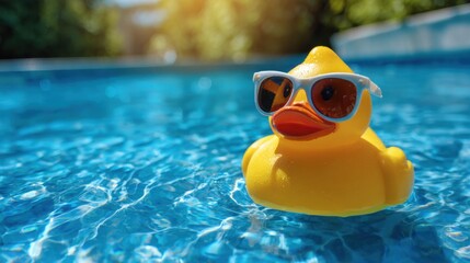 A bright yellow rubber duck is floating in a sparkling blue swimming pool. The duck wears stylish sunglasses enjoying a sunny day outdoors. The scene feels cheerful and relaxed.