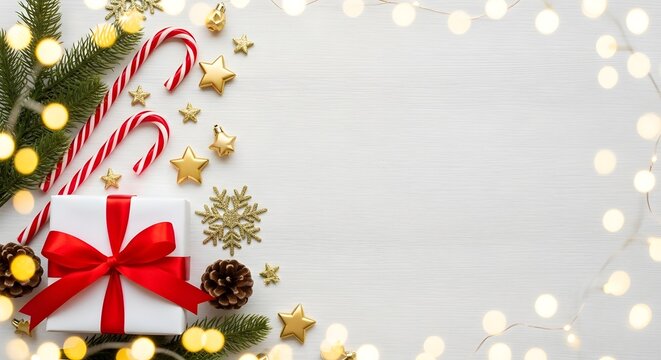 Christmas gift box with red bow candy canes and ornaments festive holiday background with copy space