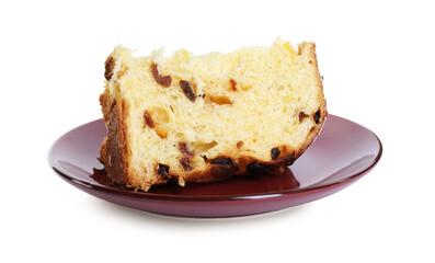 Piece of tasty panettone cake isolated on white. Christmas food