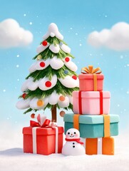 Obraz premium Colorful Christmas tree with gift boxes and cute snowman in snowy setting