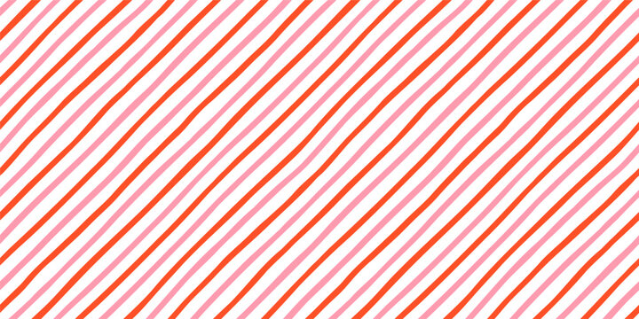 Cute pink and red diagonal stripes vector seamless pattern, Christmas candy cane background with slanted lines