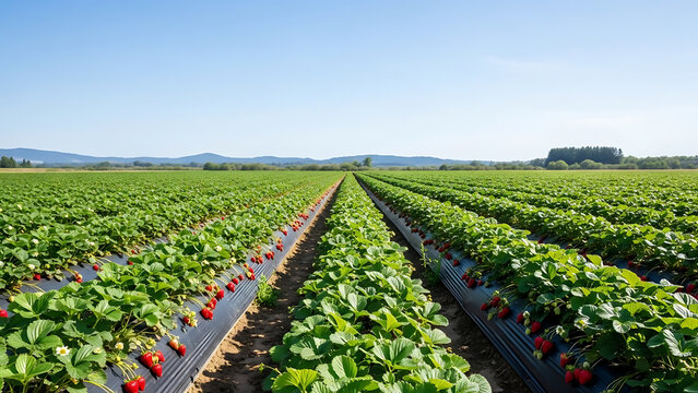 A vast strawberry field under a clear blue sky, rows of plants stretch into the distance. - Powered by Adobe