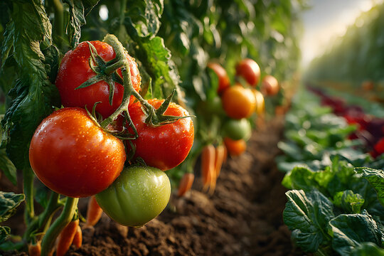Lush organic vegetable garden featuring various crops in neat rows outdoors
