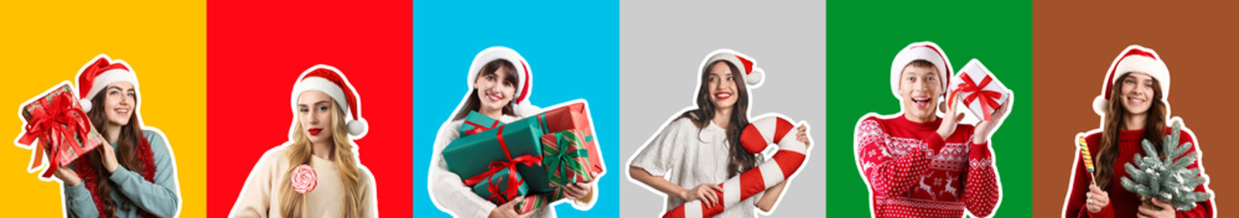 Merry Christmas and Happy winter holidays! People in Santa hats on colorful backgrounds, collage