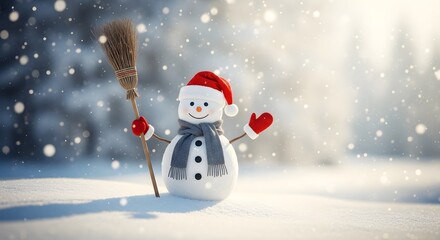 Cheerful snowman with a broom wearing a red hat and scarf standing in a snowy winter landscape