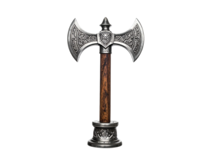 A highly detailed double-bladed axe with ornate silver and dark wood features
