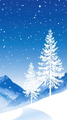 Obraz premium Snow-covered trees in a peaceful blue mountain landscape with falling snowflakes