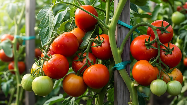 Close-up of ripe red tomatoes growing on a vine in a garden, with green leaves.