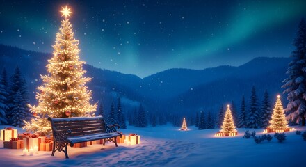Christmas trees with lights and gifts in a snowy landscape winter holiday scene magical night