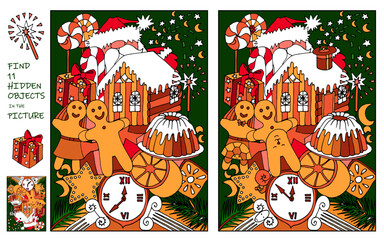 Find the differences in the picture. Christmas and New Year holidays. Santa with Candy, Gingerbread house, Gingerbread cookies, Clock, Gift. Find hidden objects. Winter puzzle game. Vector 