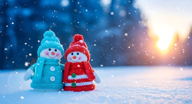Two cute snowmen stand together in a snowy landscape winter scene holiday season - Powered by Adobe