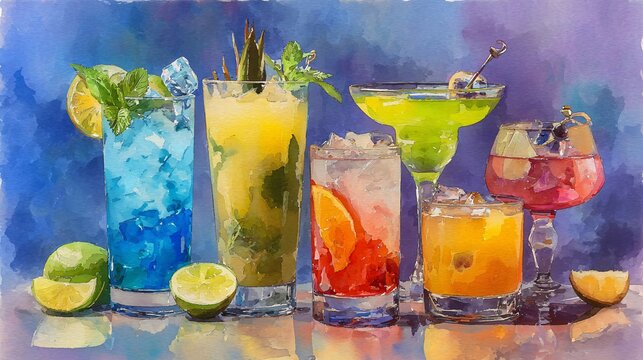 Colorful mixed cocktails with lime garnish on reflective surface